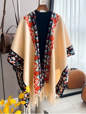Premium Soft Abstract Patterned Cape W/ Fringes